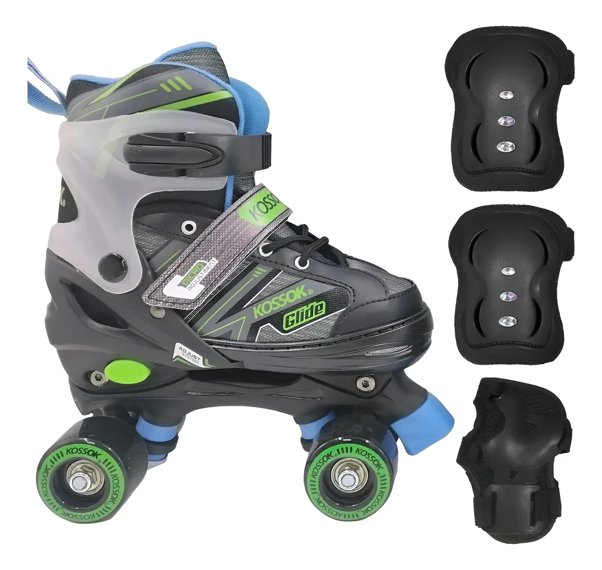 Patins extensíveis de 4 rodas Kossok 54 mm com proteções Xs (27-30) 5,4 cm preto/verde