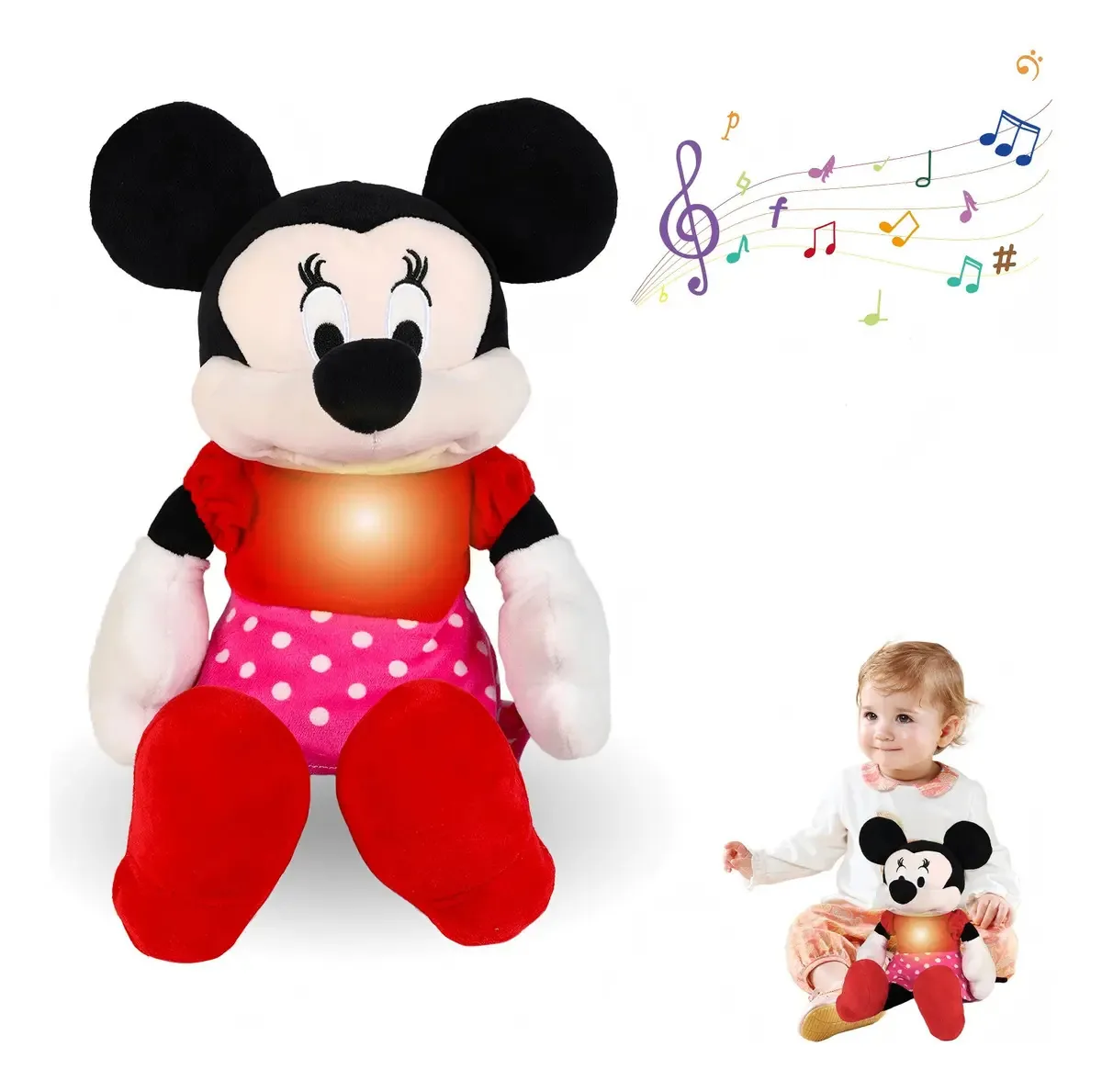 Brinquedos respiratórios Minnie, animais respiratórios de pelúcia com ação respiratória realista e música iluminada, brinquedos ideais para dormir ajustáveis em quatro modos, presentes para bebês para
