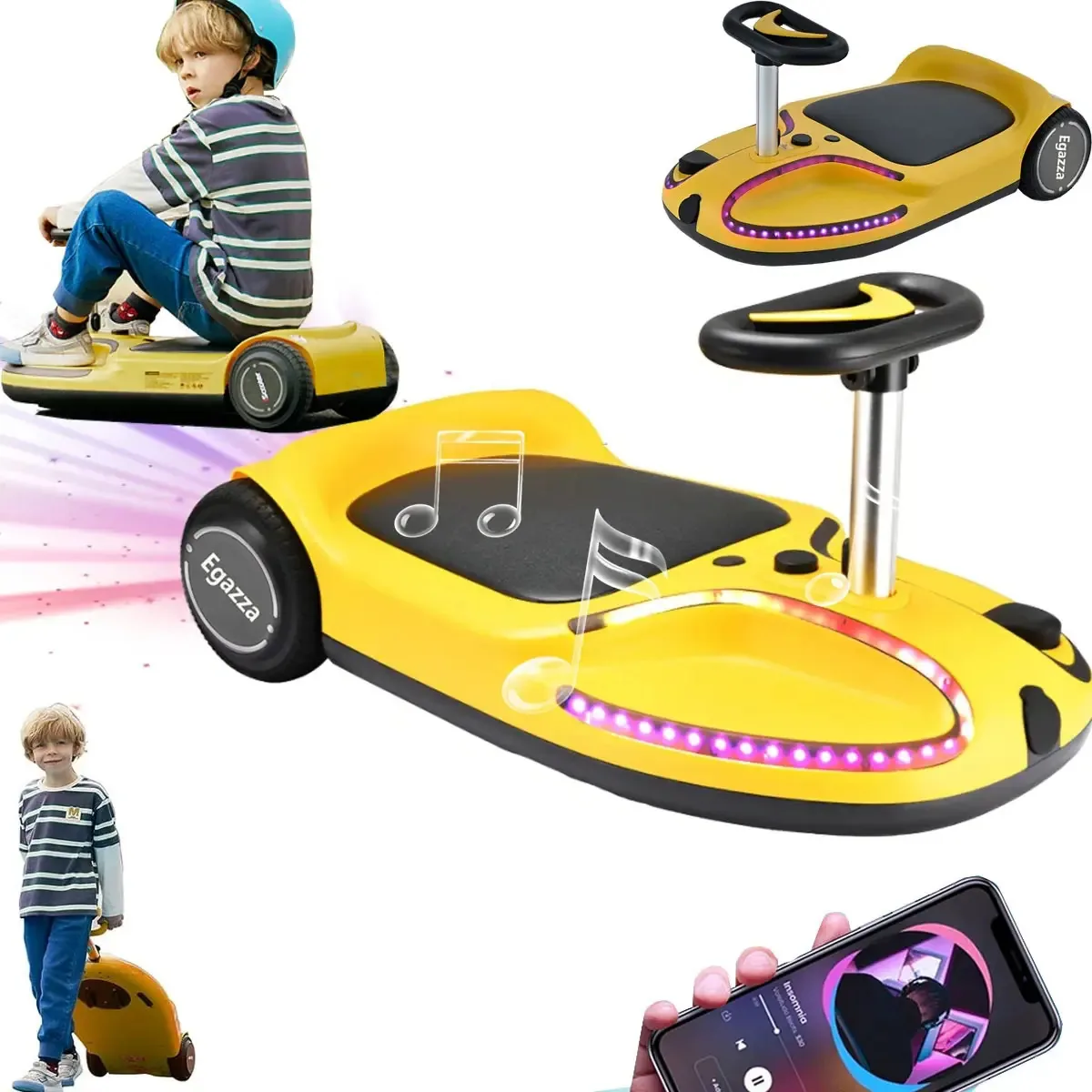 Egazza Mini Kart Elétrico 6.5'' Com Bluetooth E Led 8km/h Cor Egazza Q1/kart Elétrico Infantil/amarelo