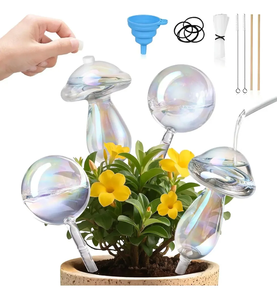 Balões automáticos de rega de vidro, vaso de plantas, kit transparente de 4 peças, balões de rega de plantas, com acessórios