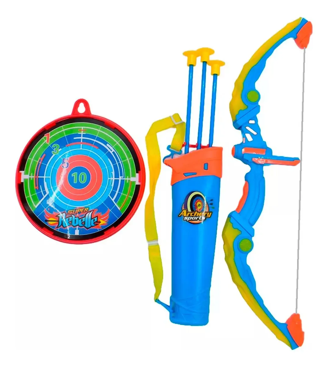 Conjunto de brinquedos de tiro, flecha e tabuleiro em azul celeste