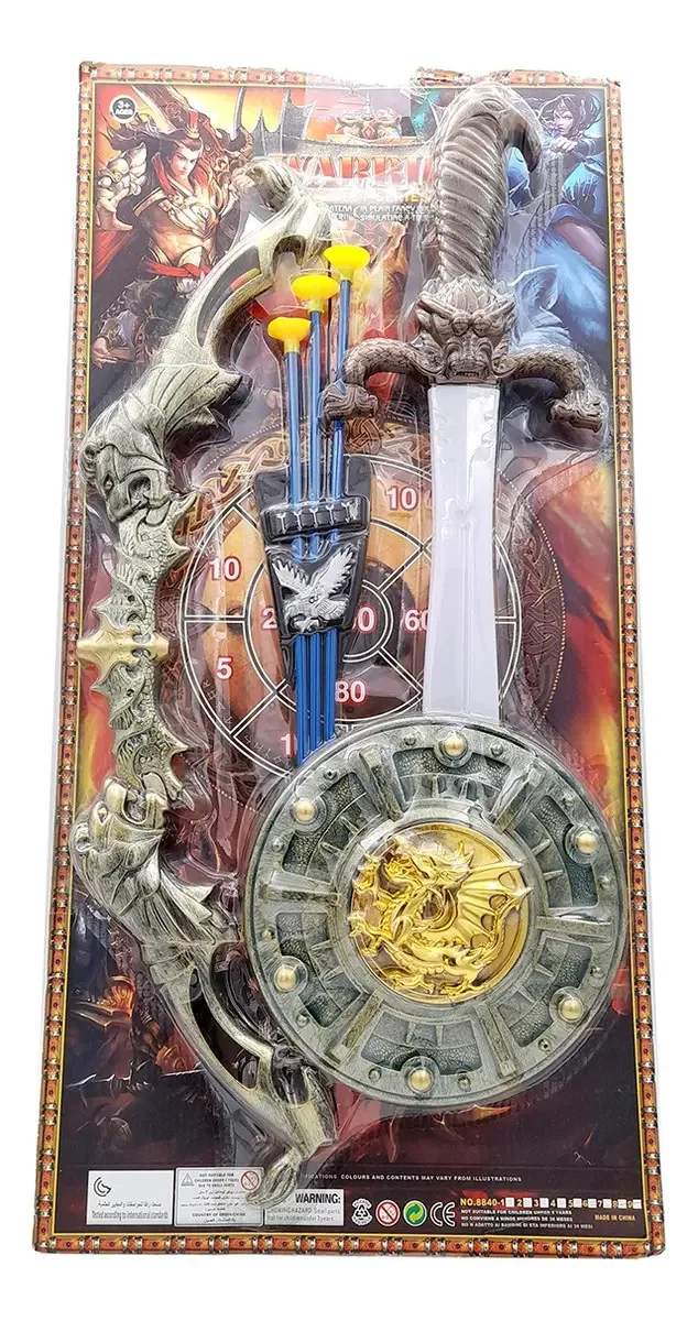 Conjunto de arco, flecha, espada e escudo medievais em blister dourado