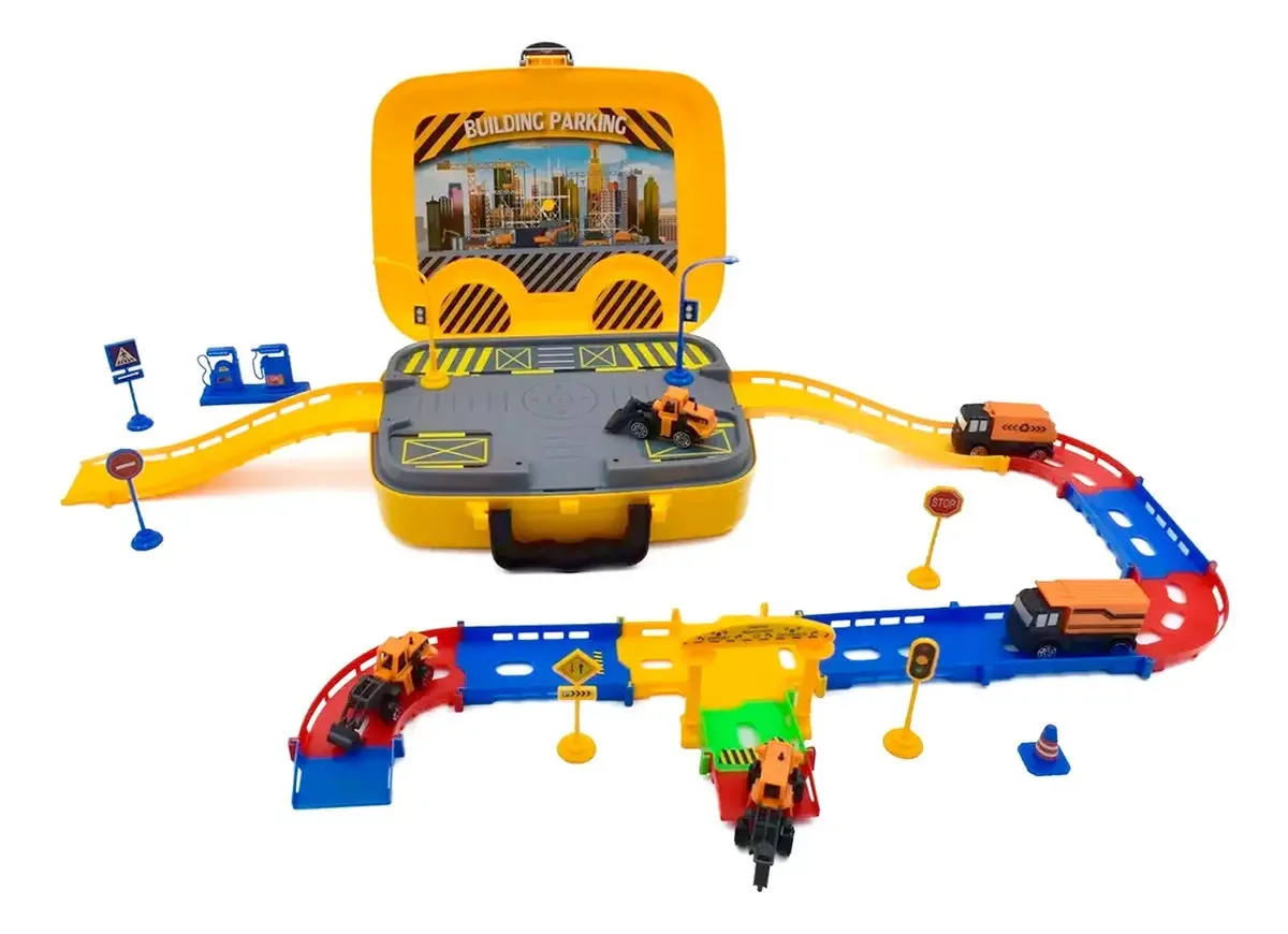 Mala de construção de trilhos de carro com rodas, brinquedo amarelo