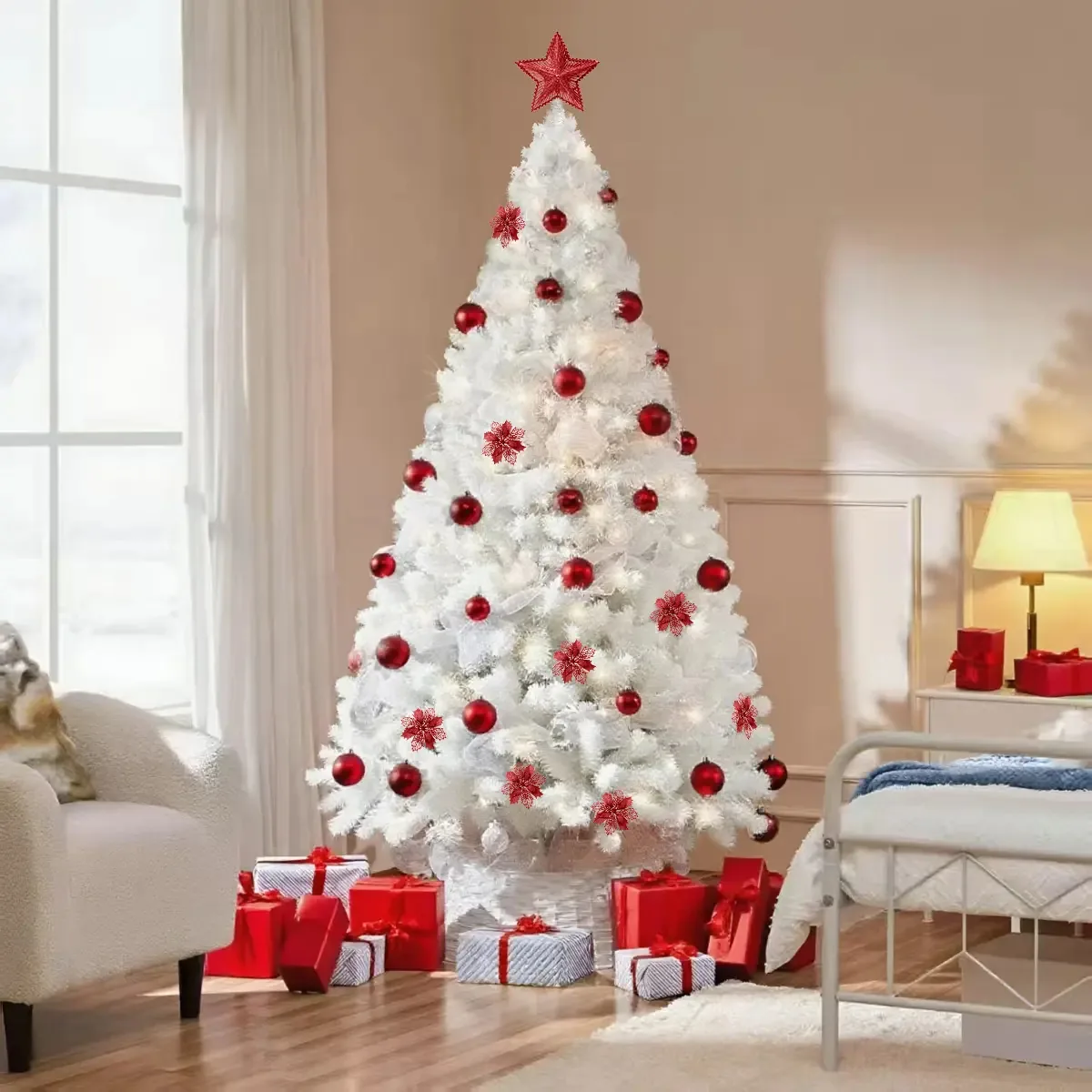 1.5m Árvore De Natal Branca 450 Galhos + Enfeites E Luzes Cor Branco 1.5m 110v