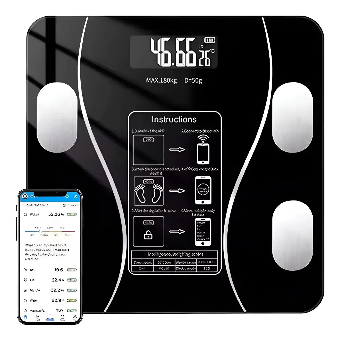 Balança multifuncional inteligente Bluetooth digital, cor de peso, preto