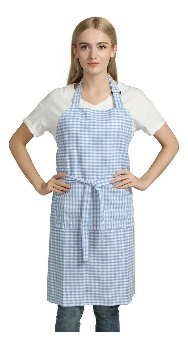 Aventais de cozinha quadriculados, aventais de lona para Che. Cor: azul