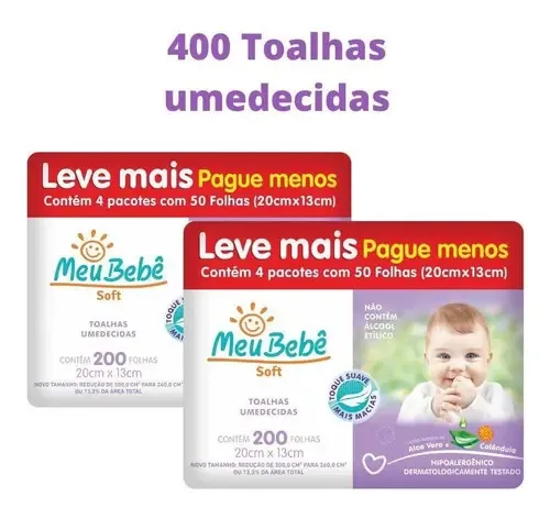 400 Lenços Umedecidos Macio Meu Bebê Soft 4 Pacotes Com 50un