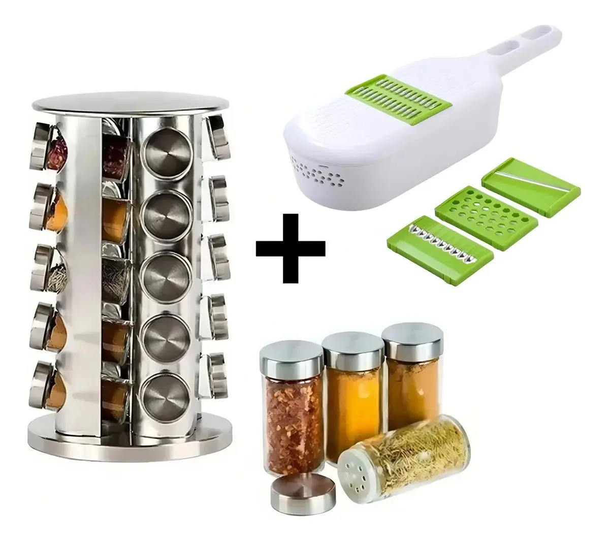 Porta Temperos Giratório 20 Peças Açoinox + Fatiador Legumes