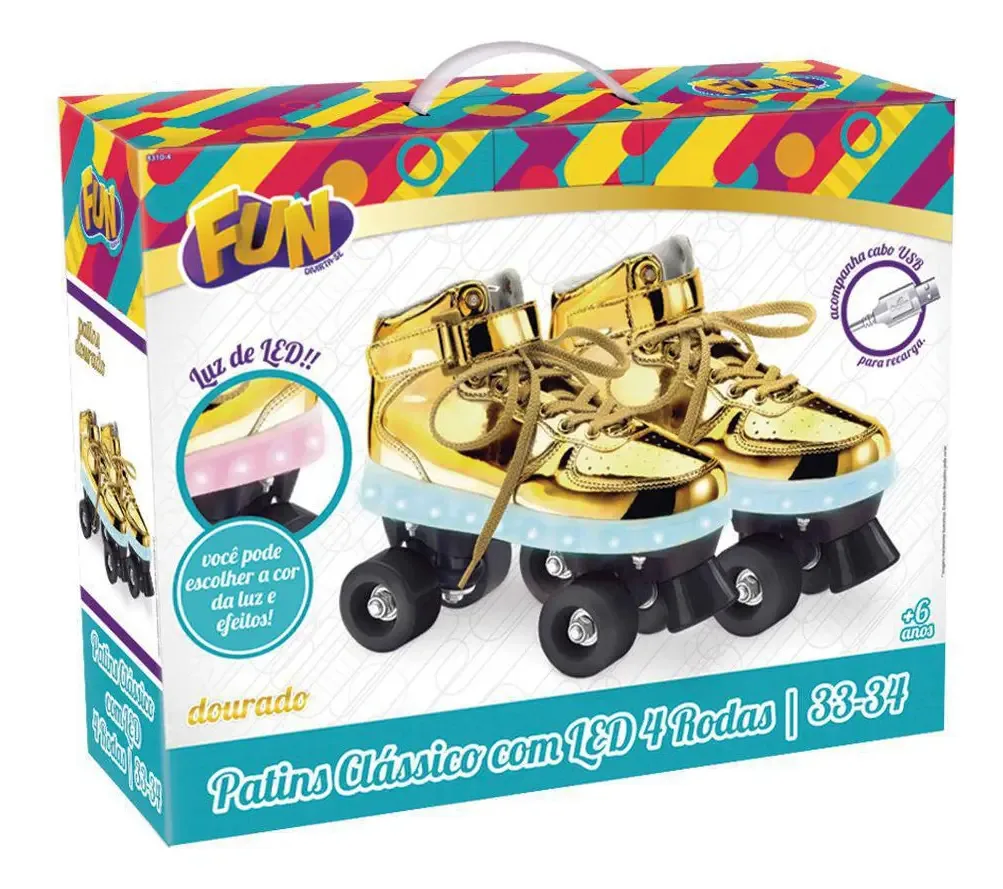 Patins Com Led 4 Rodas Dourado 33/34 83104 Fun Divirta-se