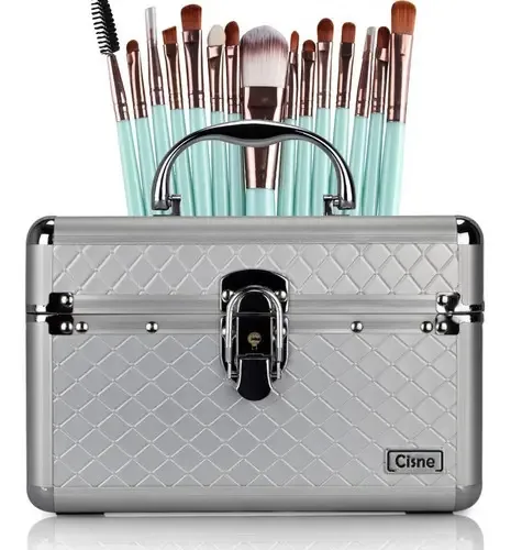 Maleta De Maquiagem Média Rubys + Kit 15 Pincéis Maquiagem Cor Azul-claro