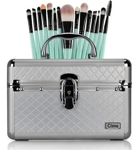 Maleta De Maquiagem Média Rubys + Kit 15 Pincéis Maquiagem Cor Azul