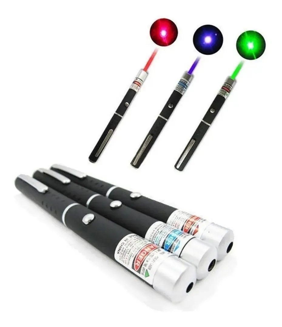 3 Canetas Laser Pointer 5mw Vermelho Verde Azul Power Point Cor do laser Vermelho, azul e verde