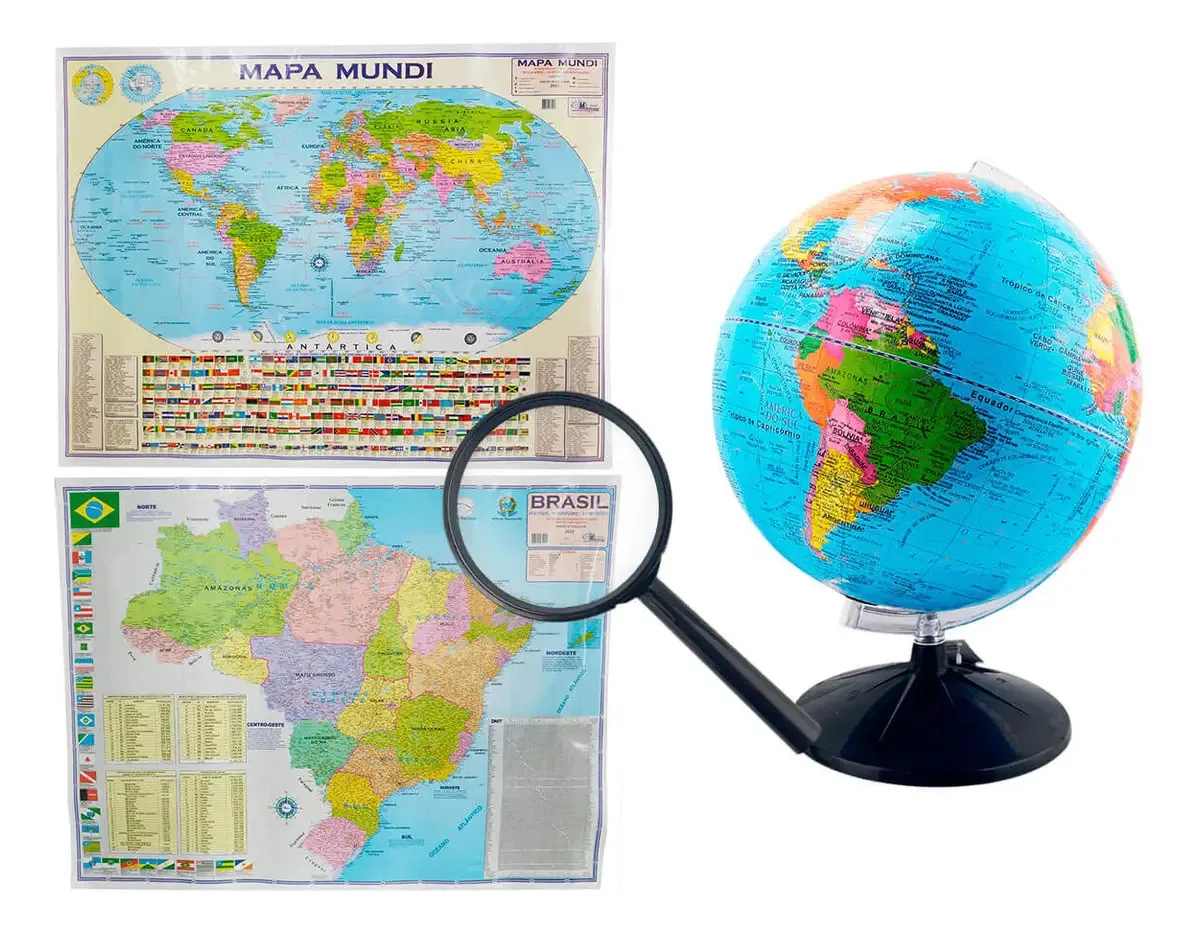 Globo Terrestre 30cm Libreria Mapas Mundi E Brasil + Lupa