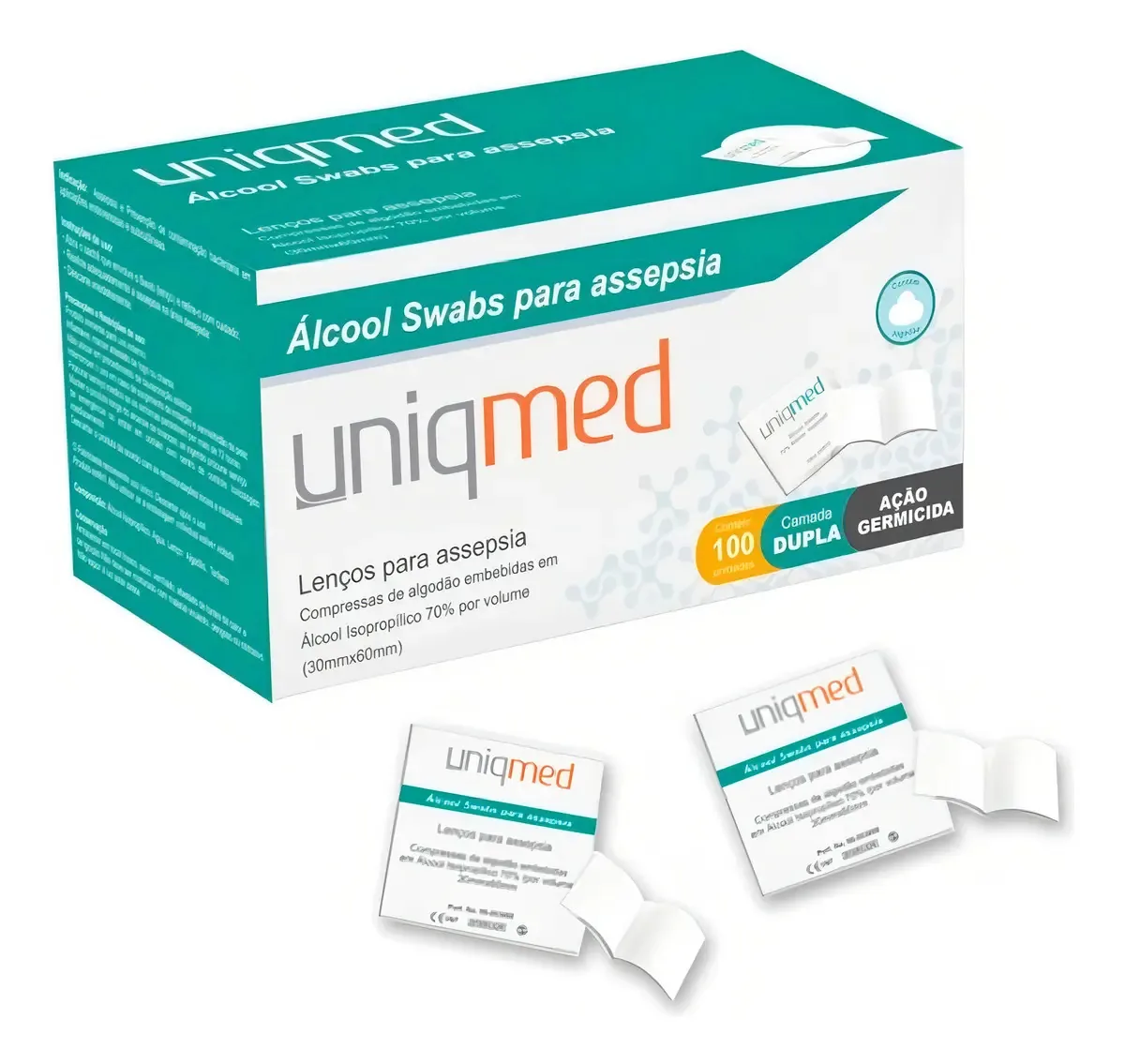 Kit C/10 Caixas total 1000un de Álcool Swab Isopropílico 70% UniqMed 6x3cm