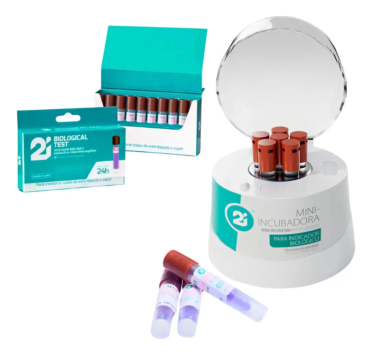 Kit Mini Incubadora 2I Quebrador Ampolas + 50 Indicadores Biológicos Bivolt