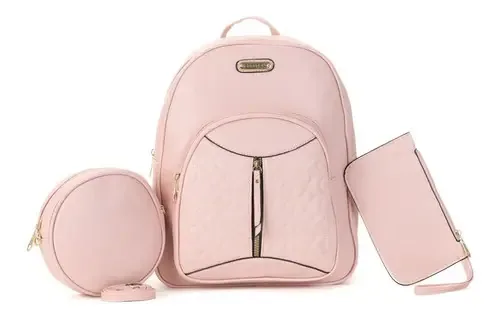 Mochila Feminina Escolar Média Kit Bolsa Feminina Redonda Cor Rosa