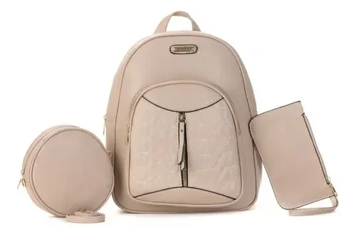 Mochila Feminina Escolar Média Kit Bolsa Feminina Redonda Cor Marfim