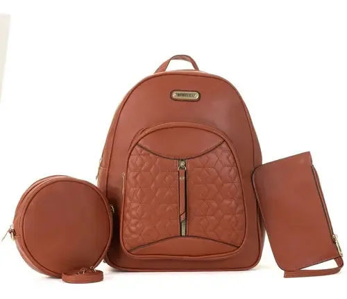 Mochila Feminina Escolar Média Kit Bolsa Feminina Redonda Cor Marrom