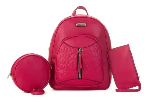 Mochila Feminina Escolar Média Kit Bolsa Feminina Redonda Cor Pink