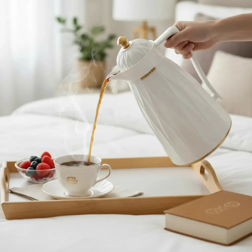 Garrafa Térmica 1l Café Chá Bege E Dourada Botão Click Allplus
