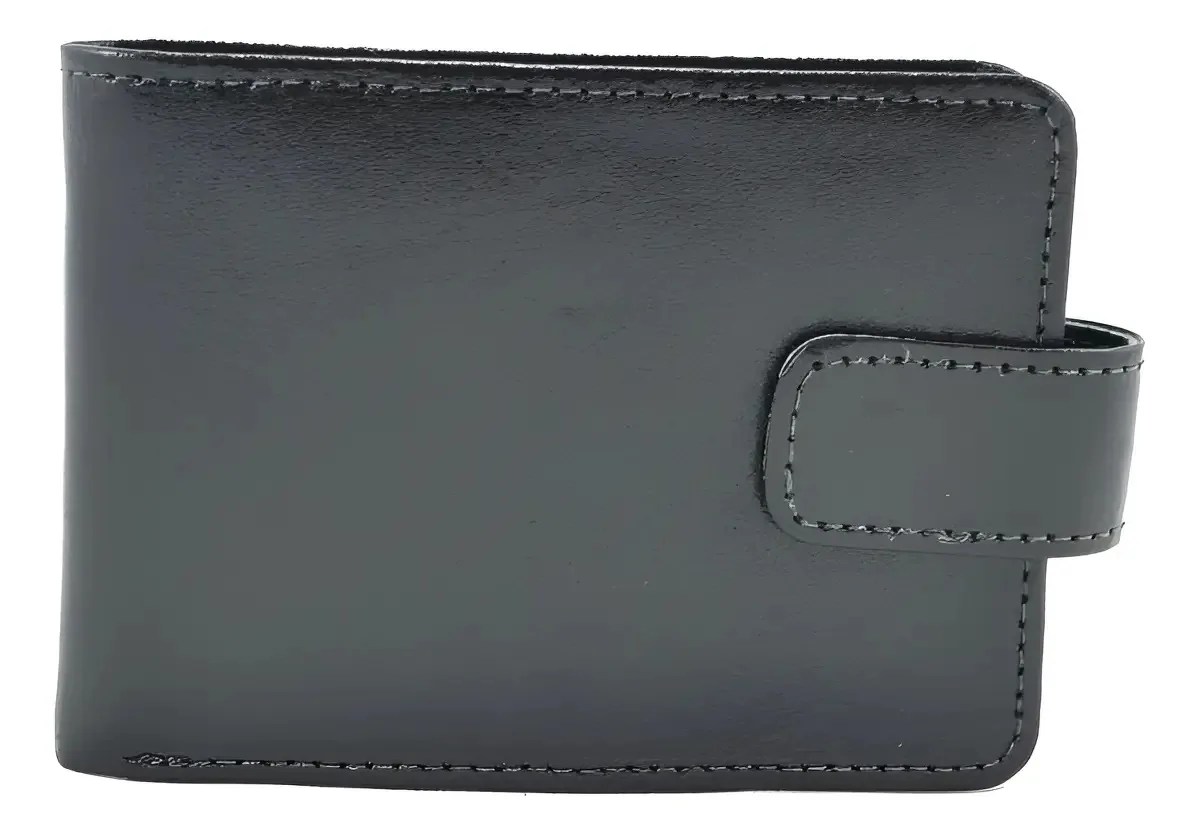 Carteira Masculina de Couro Preta com Fecho e Porta Moedas
