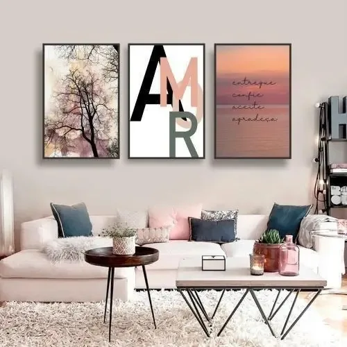 Conjunto 3 Quadros Decorativos Frase Tarde Colorida