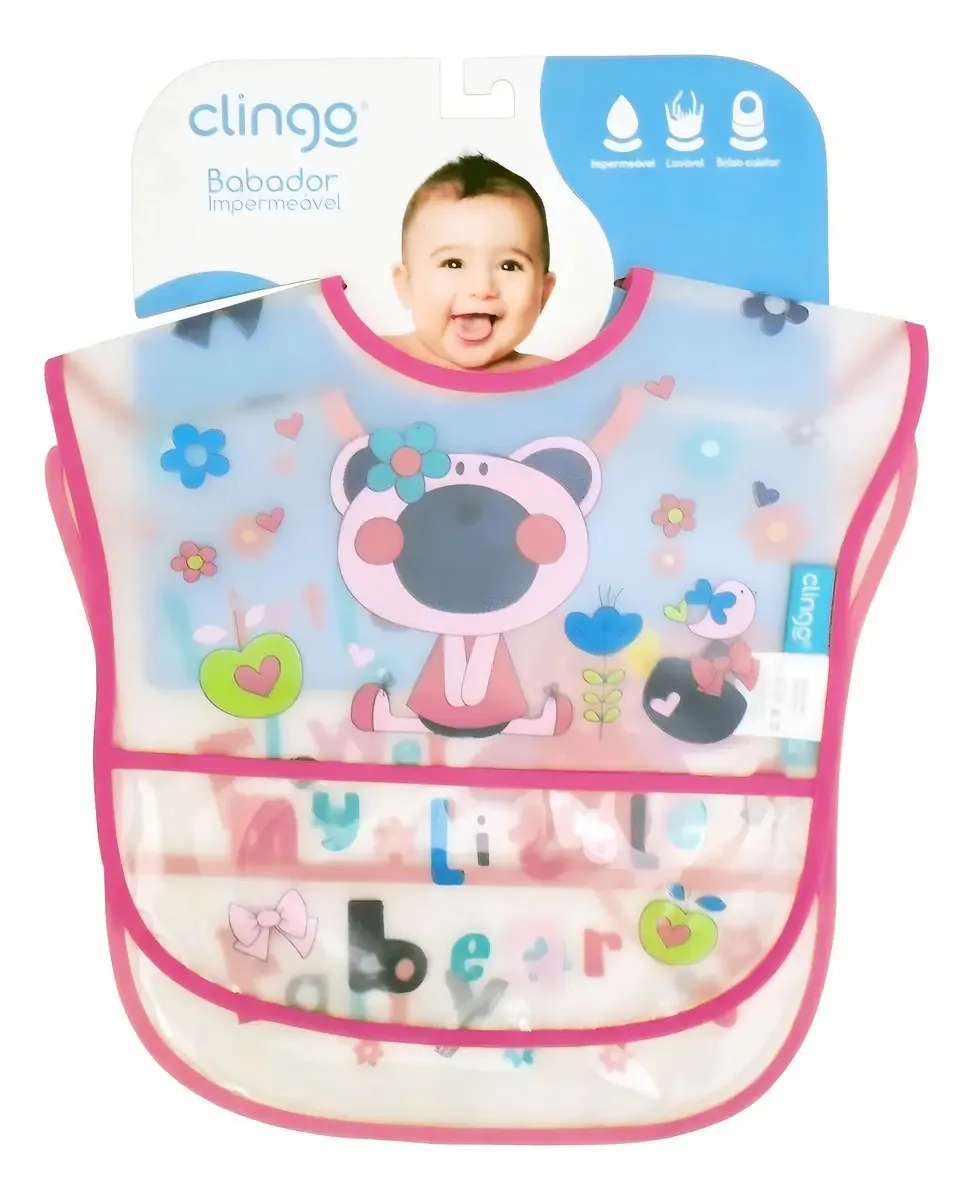 Kit 2 Babadores Impermeáveis Com Bolso Coletor Rosa da Clingo
