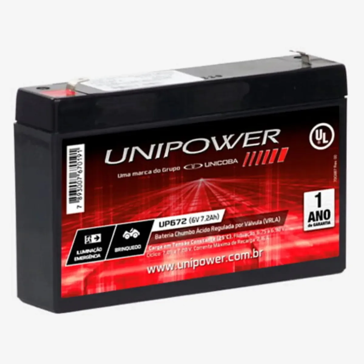 Bateria Selada 6V 7,2Ah Unipower UP672 para Alarmes e Iluminação