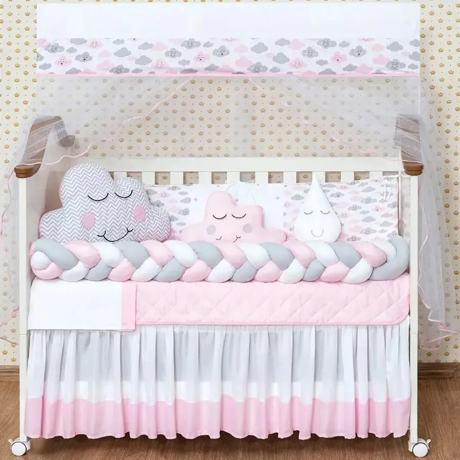 Kit De Berço Para O Quarto Do Seu Bebê Elefantinho Bordado Cor Formato Nuvem Trança - Rosa