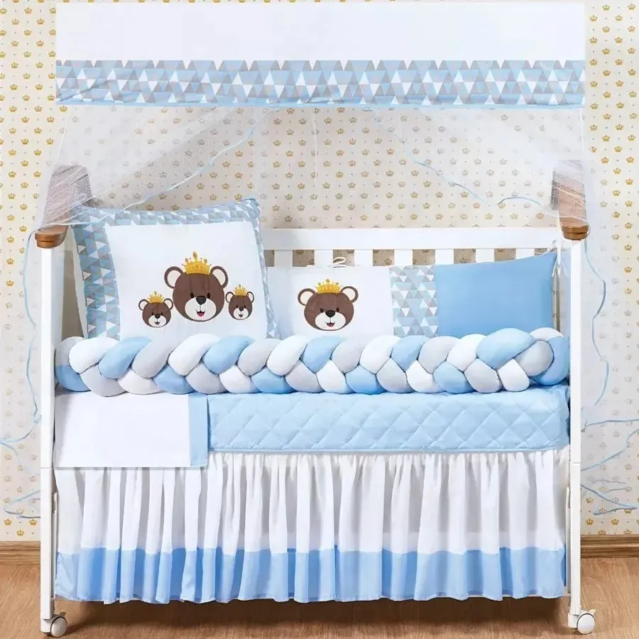 Kit De Berço Para O Quarto Do Seu Bebê Elefantinho Bordado Cor Família Urso - Azul
