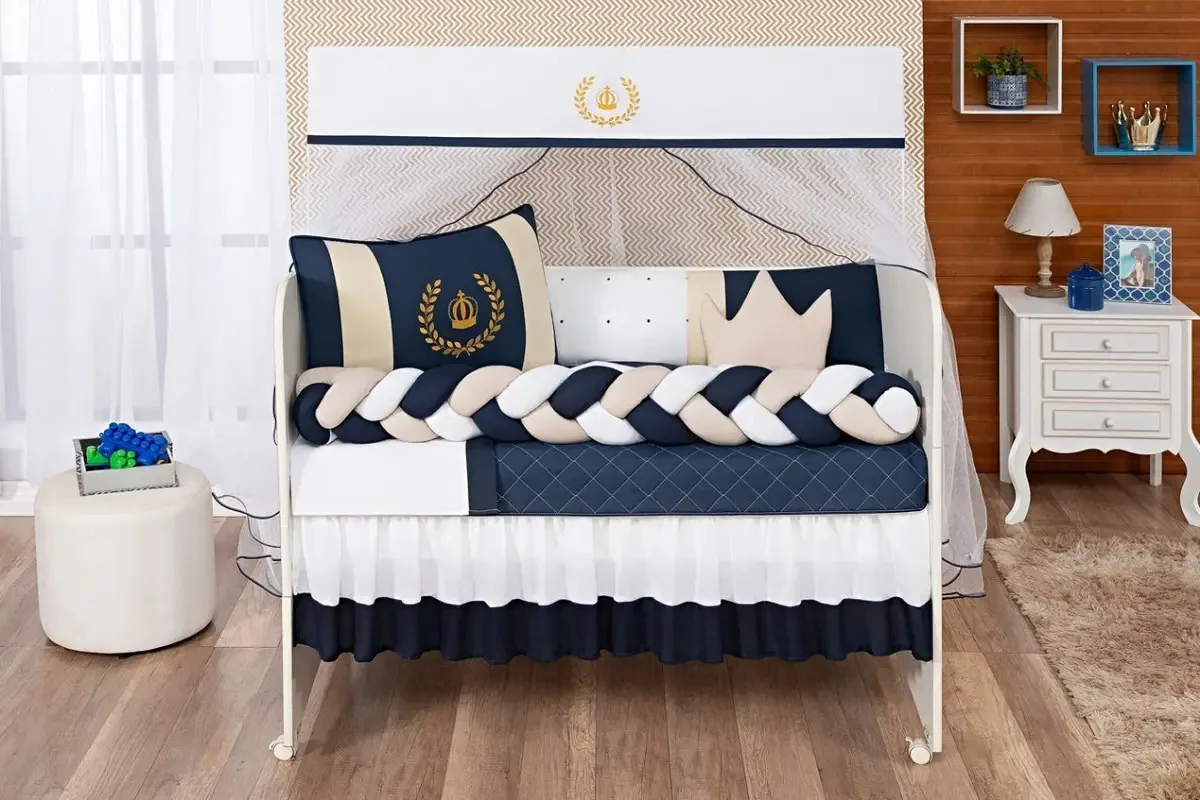 Kit De Berço Para O Quarto Do Seu Bebê Elefantinho Bordado Cor Coroa Luxo - Marinho