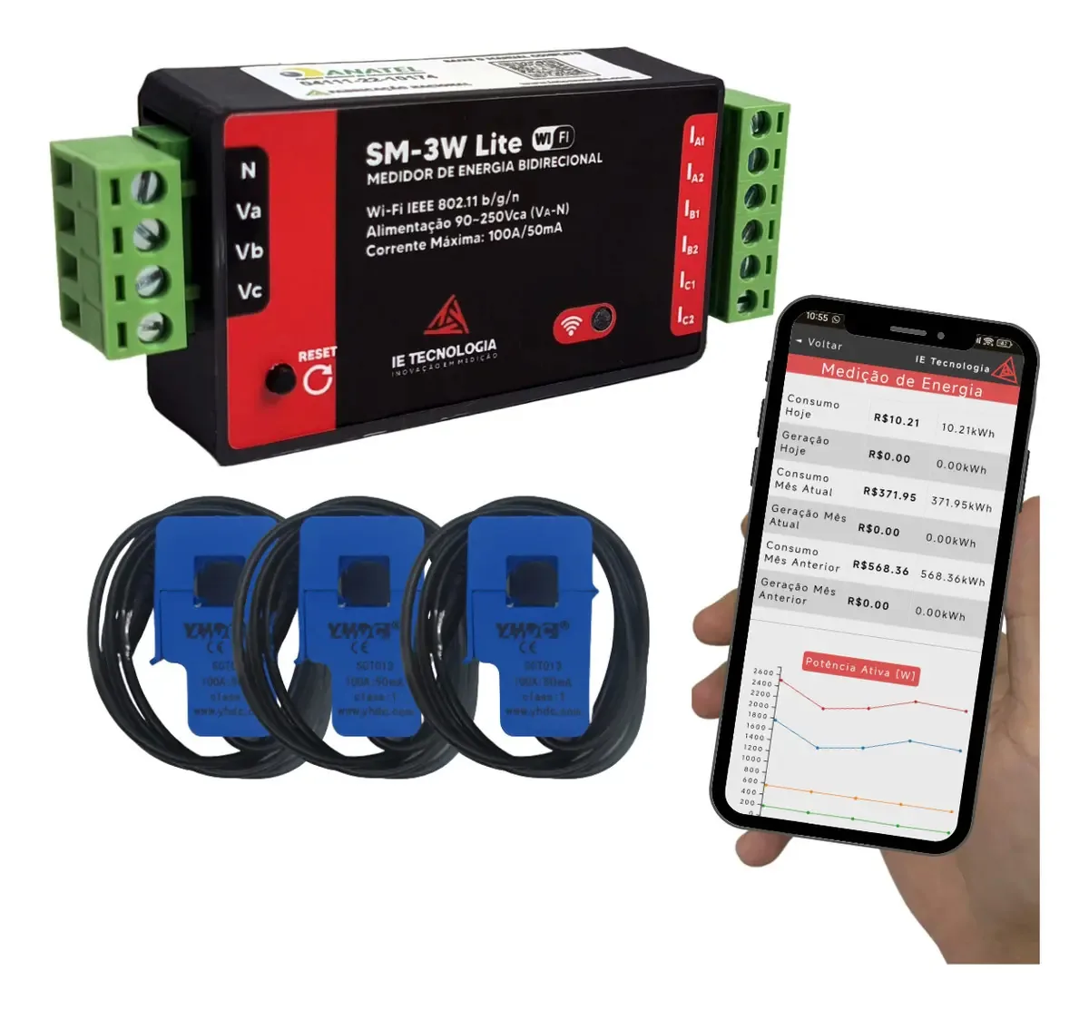 Medidor De Energia Trifásico Bidirecional wifi Sm-3w Lite + 3 transformadores de corrente bipartidos 100A