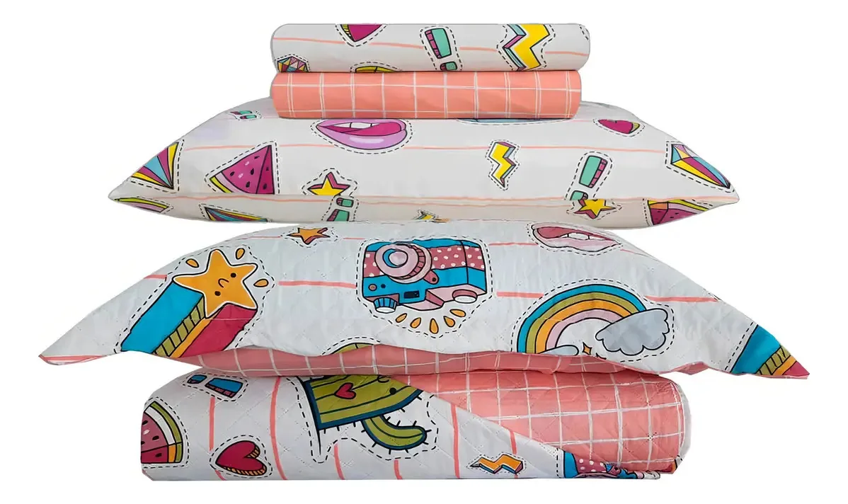 Jogo Cama Infantil Solteiro Menina Rosa Cactos Com 5 Peças