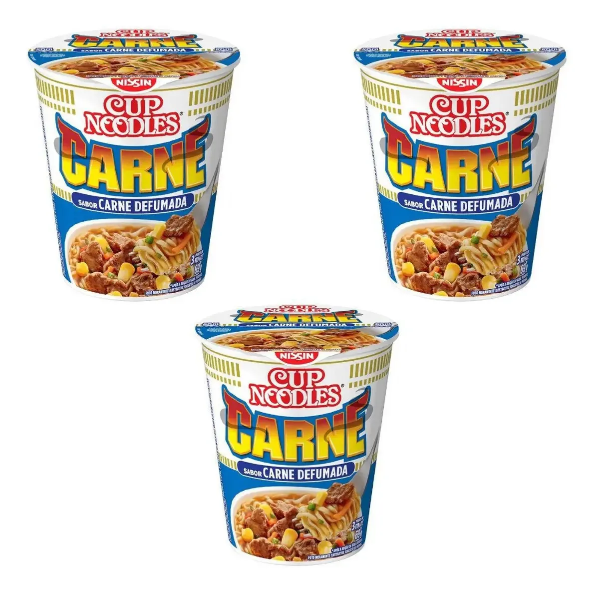 Kit 03 Cup Noodles Macarrão Instantâneo Carne Defumada