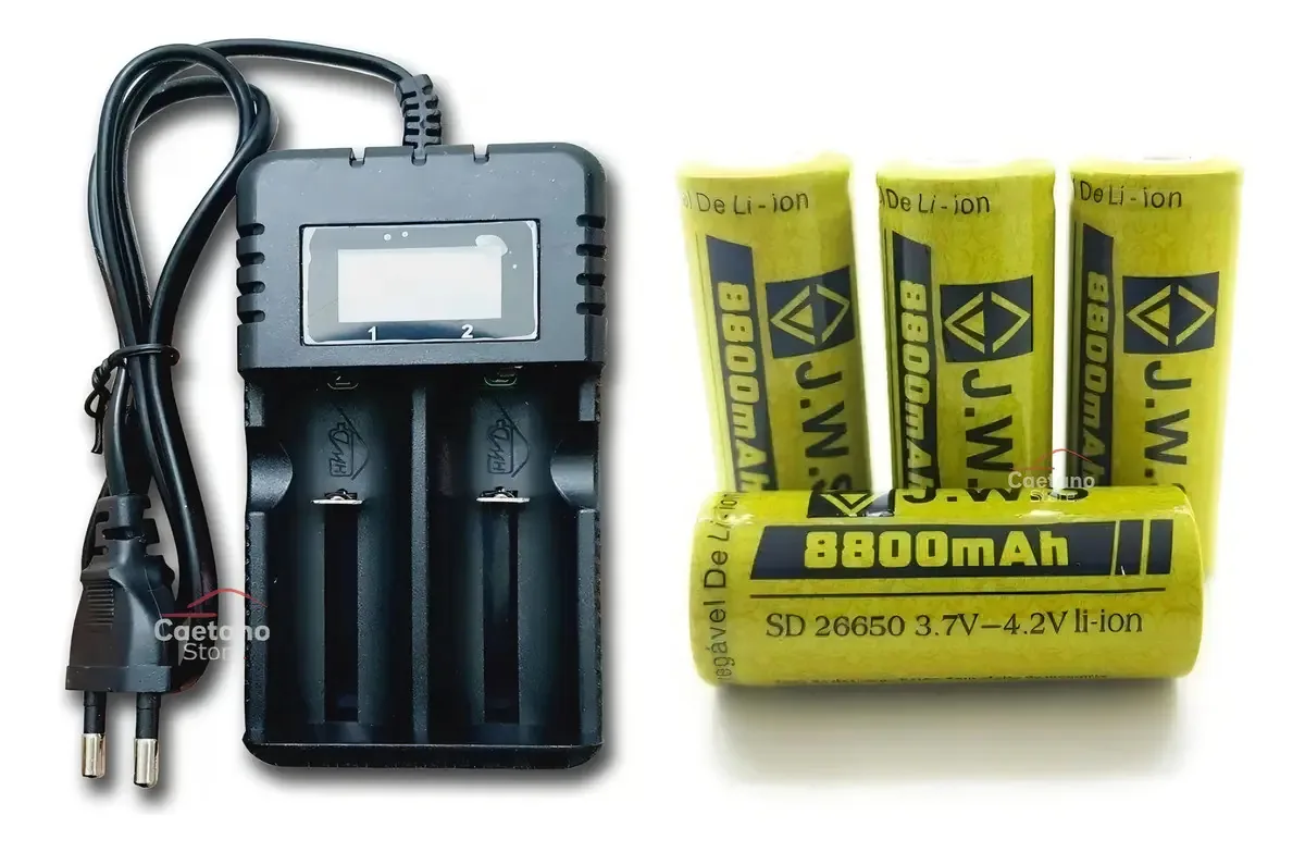 Carregador + 4 Baterias 26650 3.7-4,2v 8800mah Lanterna Led
