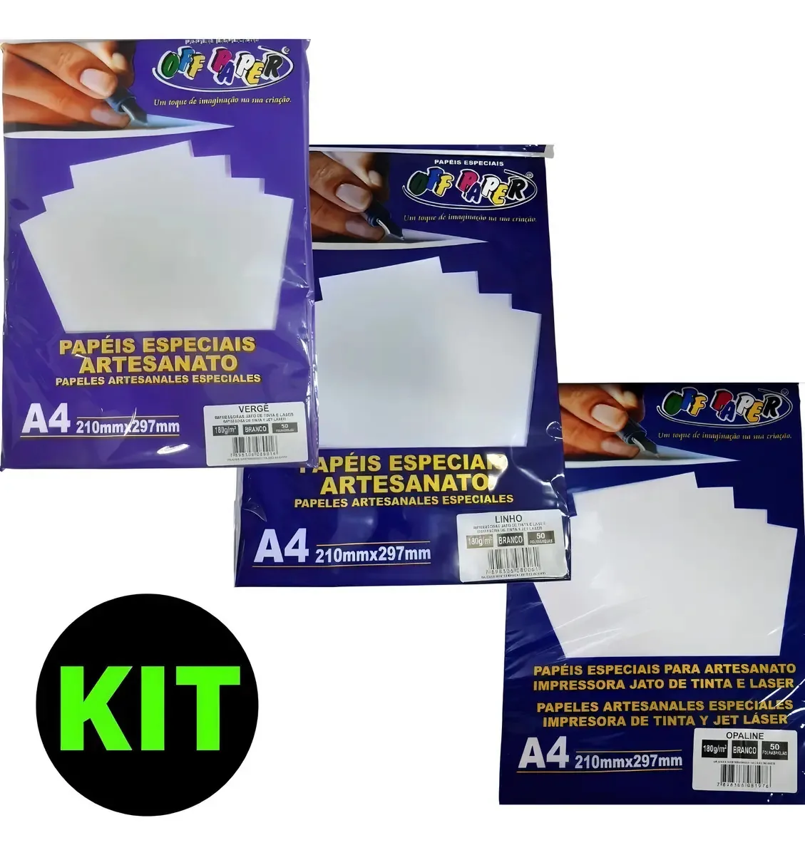 Kit Papéis para Impressão: Vergê, Opaline e Linho Branco A4 180g