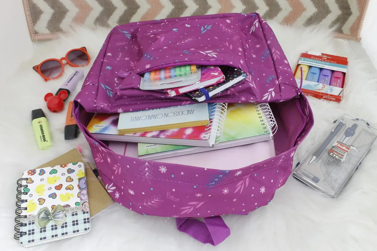 Mochila Juvenil Feminina Costas Estrelinha Refoçada + Estojo Cor Roxo Desenho Do Tecido Estrelinhas