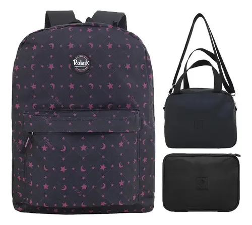 Mochila Feminina Costas Escolar Reforçada Estrelinhas + Kit Cor Preto-preto