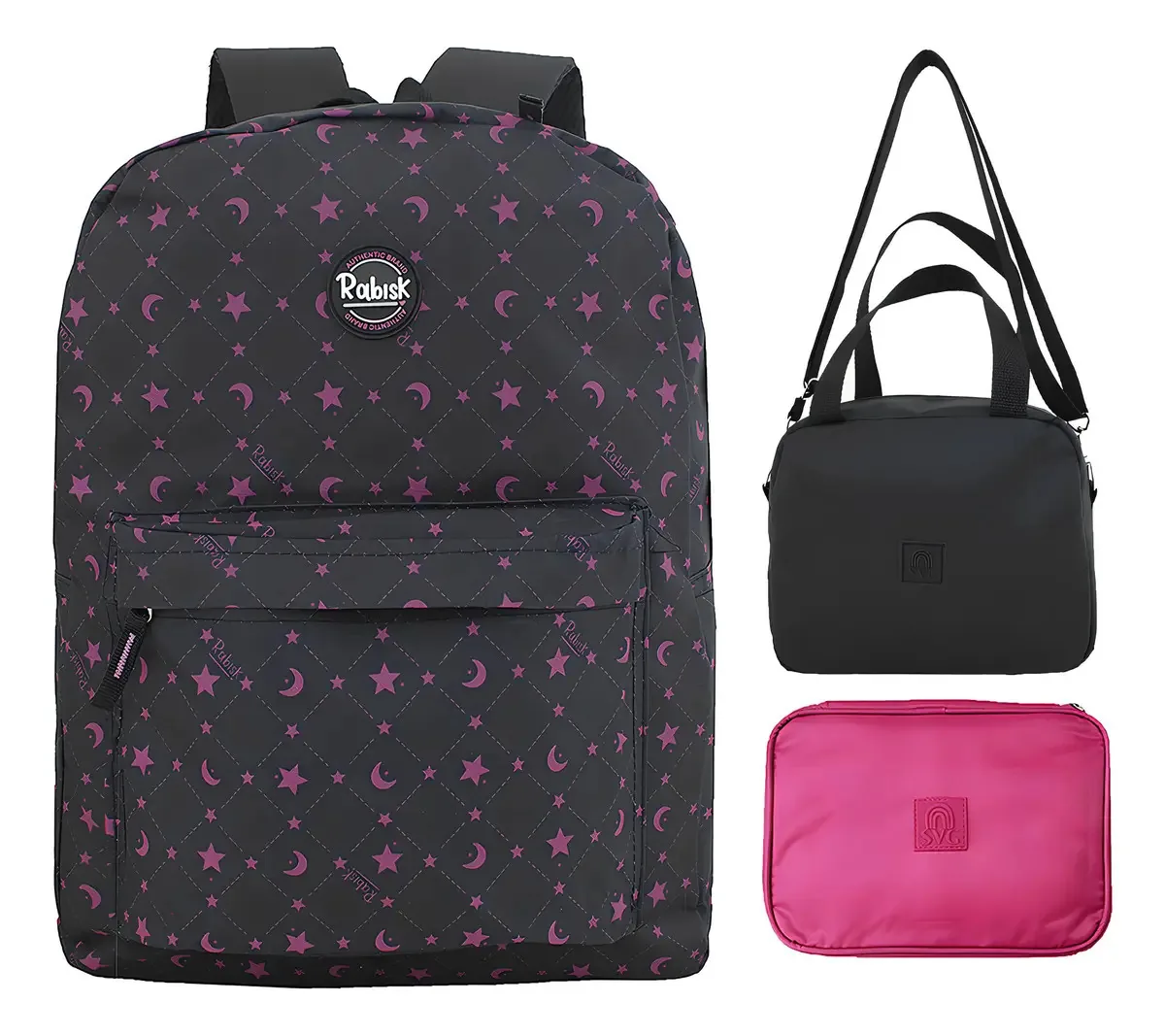 Mochila Feminina Costas Escolar Reforçada Estrelinhas Lancheira Térmica e Estojo
