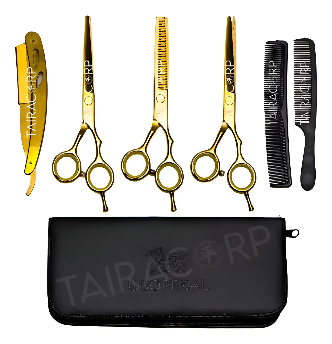 Kit 3 Tesouras Profissionais Navalha Cabeleireiro Barbeiro Dourado