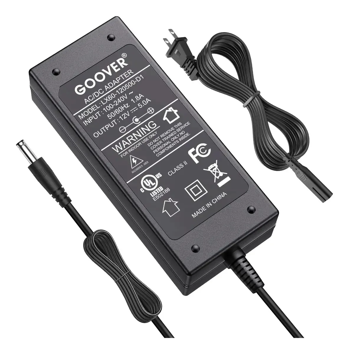 Adaptador de fonte de alimentação Goover 60W, transformadores de baixa tensão de 12V DC, driver de luz LED 5A, entrada AC de , listado pela UL, classe 2