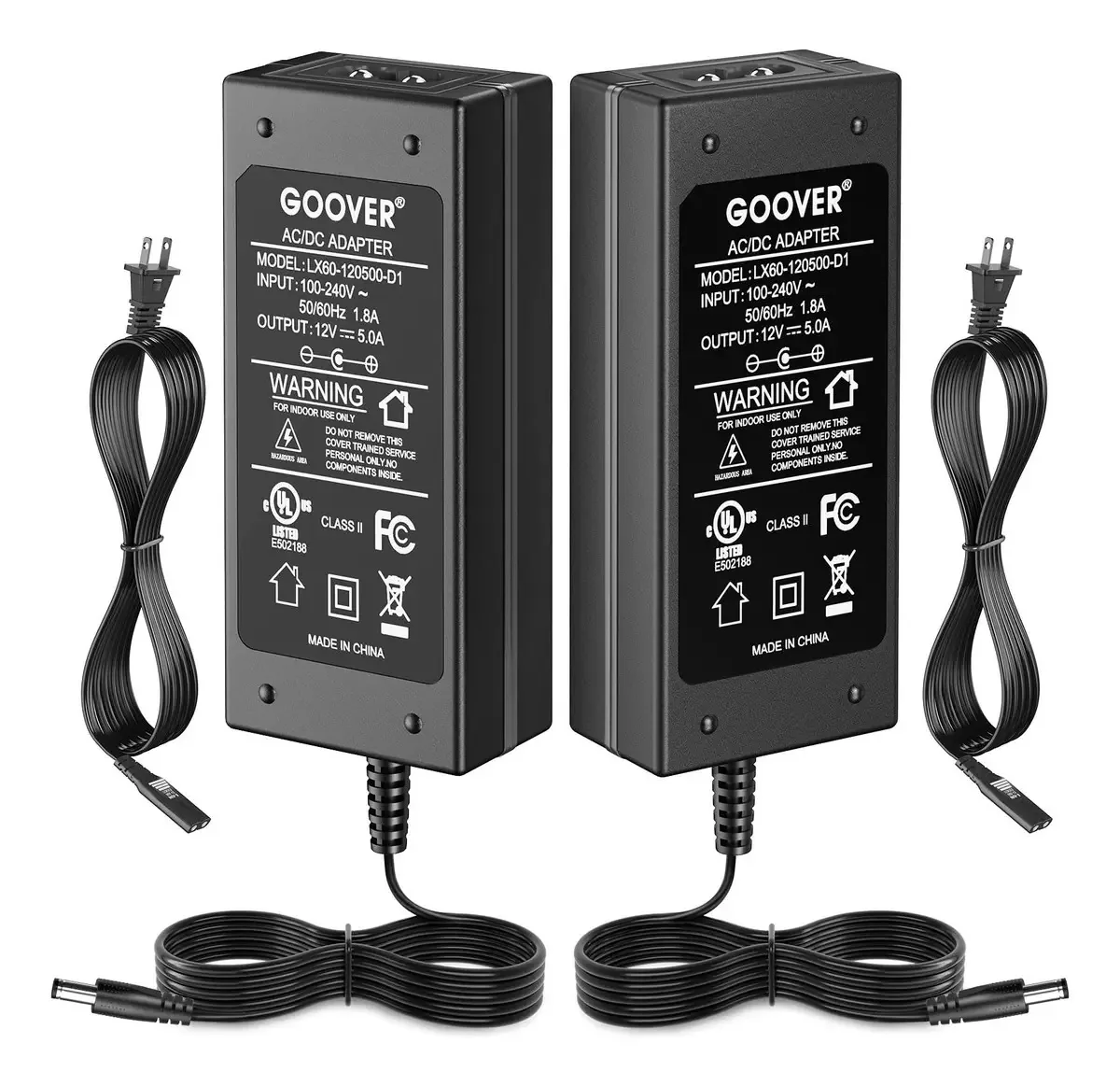 Goover - Adaptador de fonte de alimentação de 60 W (pacote com 2), transformadores de baixa tensão de 12 V DC, driver de luz LED de 5 A, entrada CA de 100 a 240 V, listado pela UL, classe 2