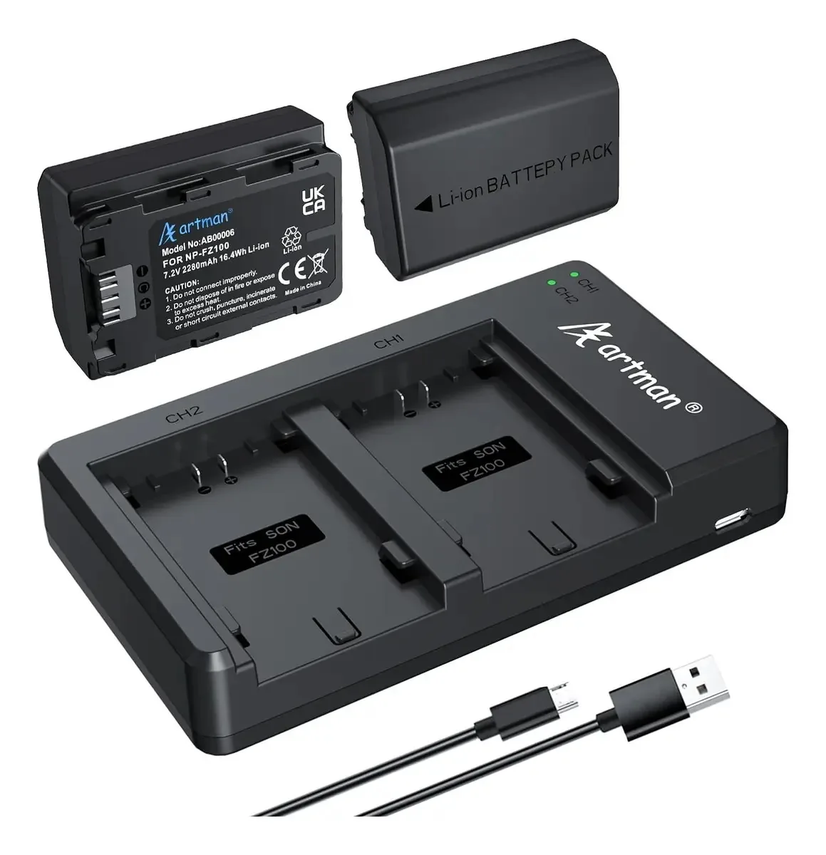 Carregador LED Artman +2 baterias Npfz100 para Sony A7iii