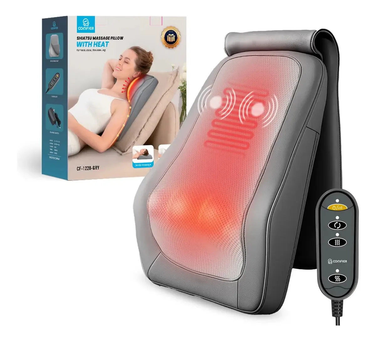 Massageador de pescoço Comfier Shiatsu com calor, cor cinza 3D