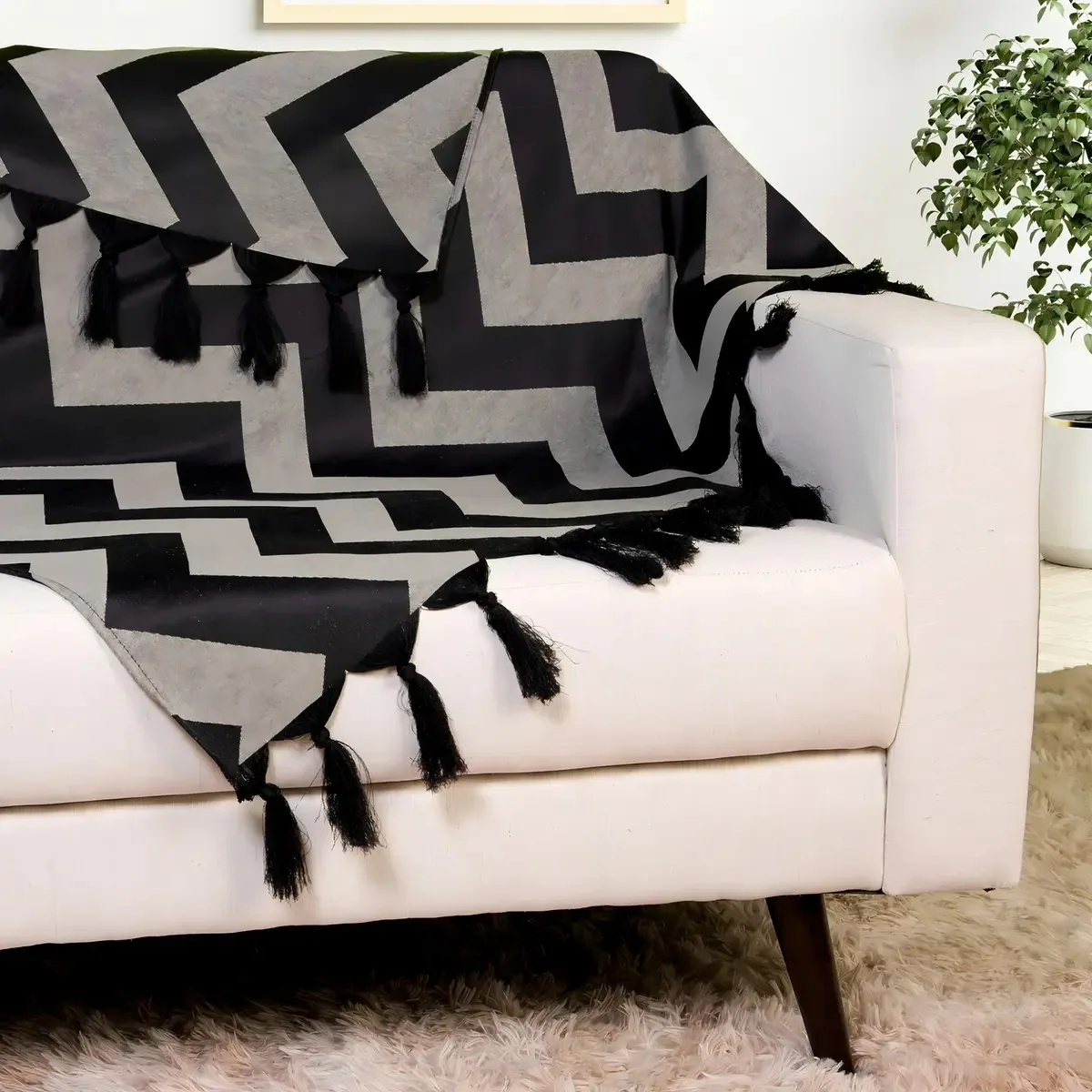 Xale Manta Sofá Preto Jacquard Color 1,80m X 1,40m Cor Preto-off Desenho Chevron