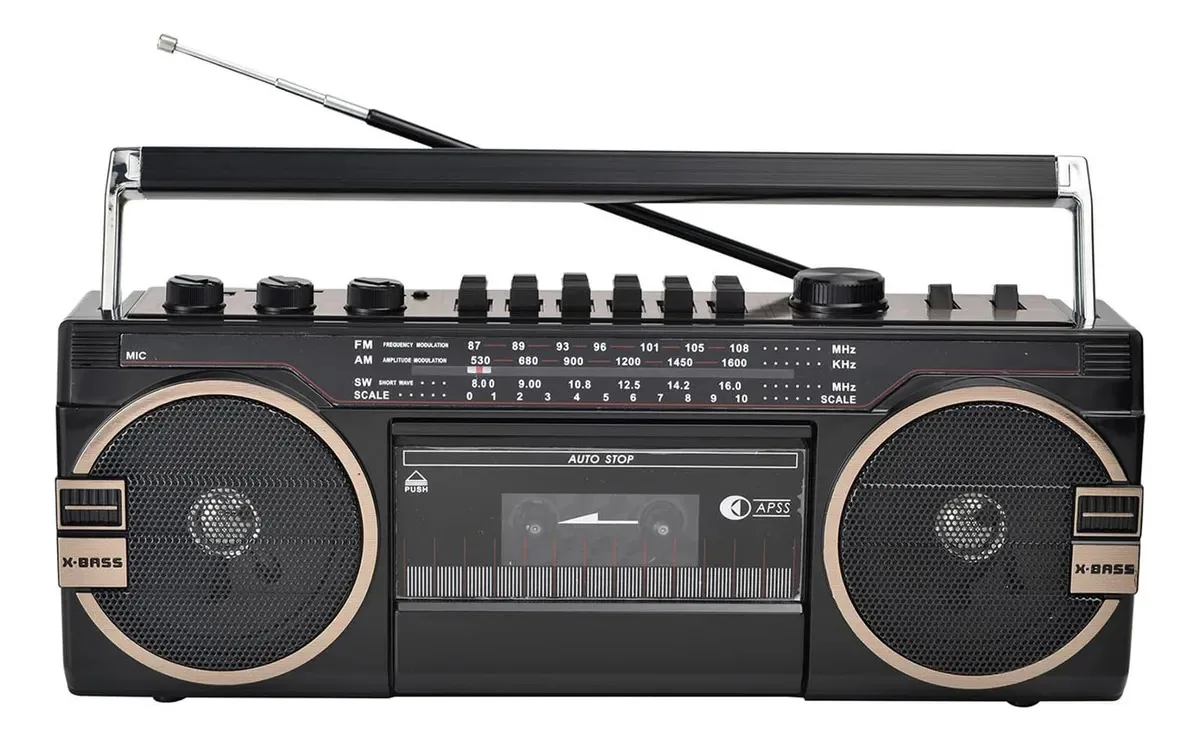 Toca-fitas portátil Boom Box, gravador de cassetes Bluetooth retrô com botões de ajuste de volume, alto-falante de rádio AM/FM, reprodução de cartão USB/TF, preto para viagens e reuniões