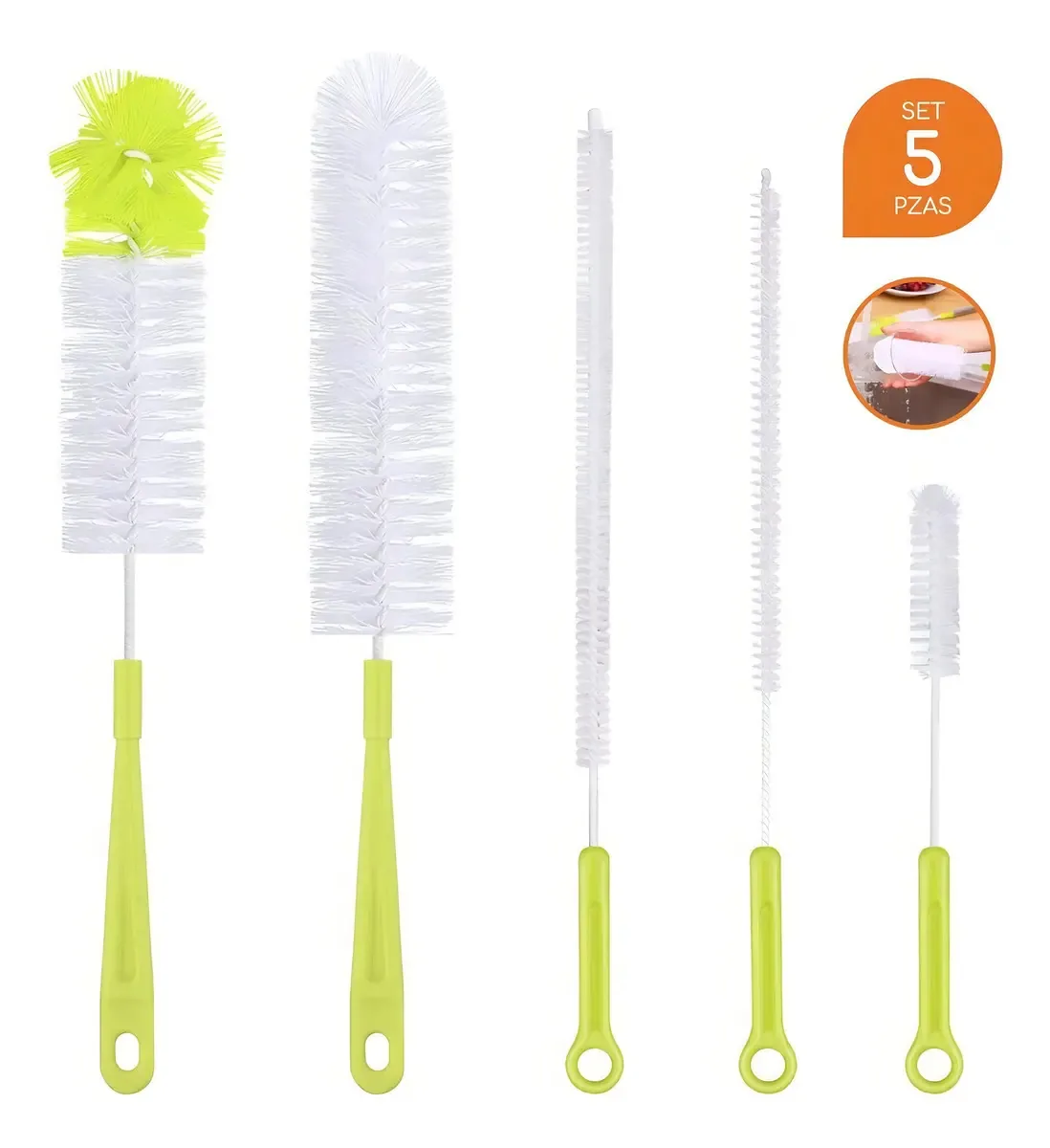 Conjunto de 5 escovas de limpeza para garrafas e garrafas verdes