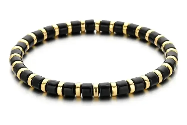 Pulseira elástica feita à mão com azulejos pretos de diâmetro 17 cm