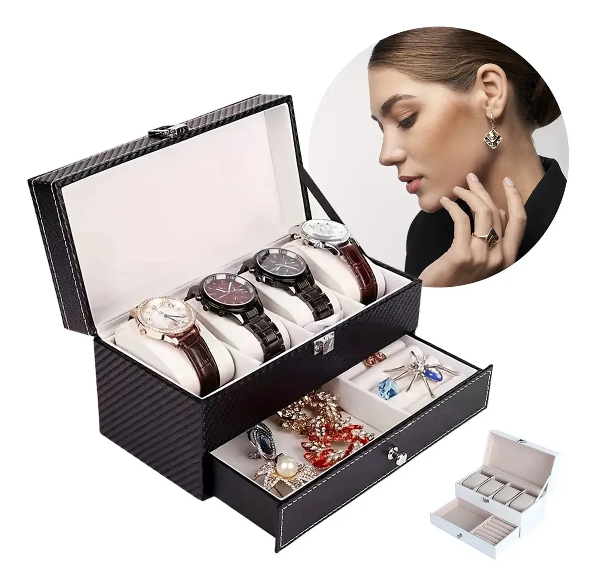 Organizador de caixas de joias Bijou Rings Relógios Jóias Alhajero Cor Preto