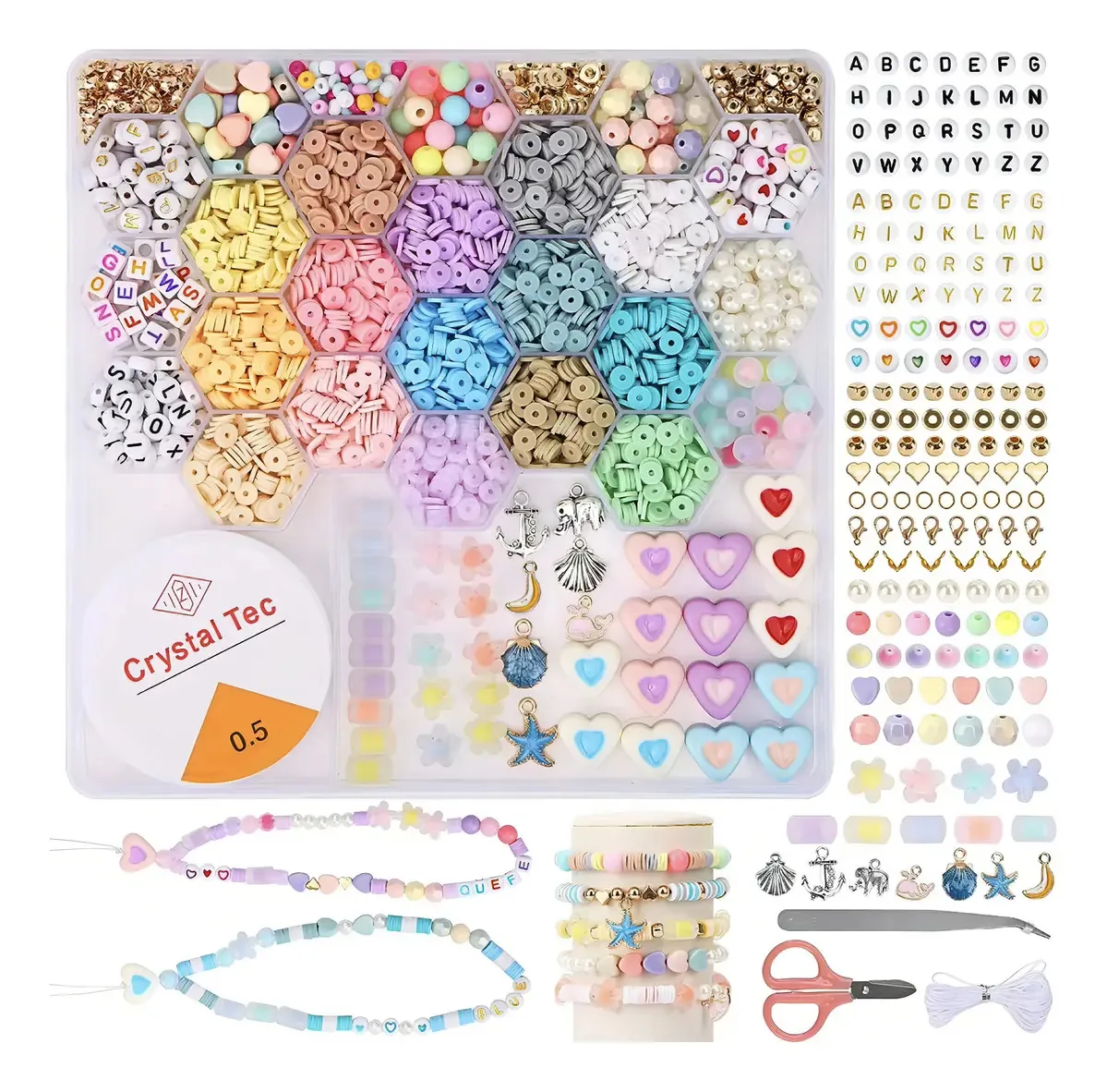 Conjunto de kits: pulseiras Armar, letras completas, cores, caixa, pingentes